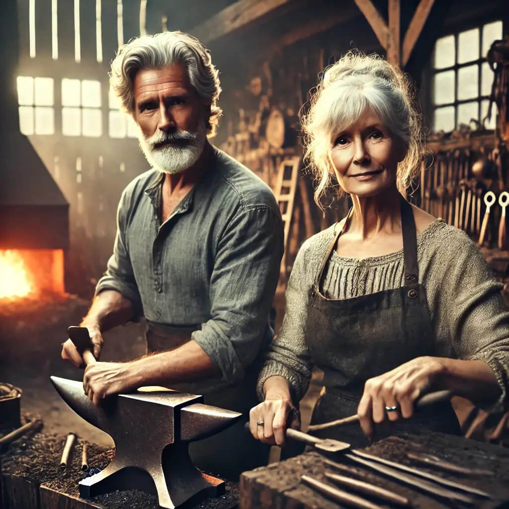 Birgitta och Gunnar arbetar i smedjan med traditionellt smide.