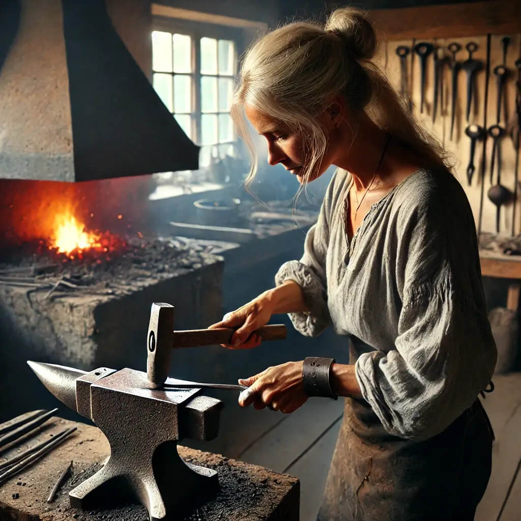 Birgitta smider ett metallföremål i smedjan, fokuserad på detaljer och hantverk.